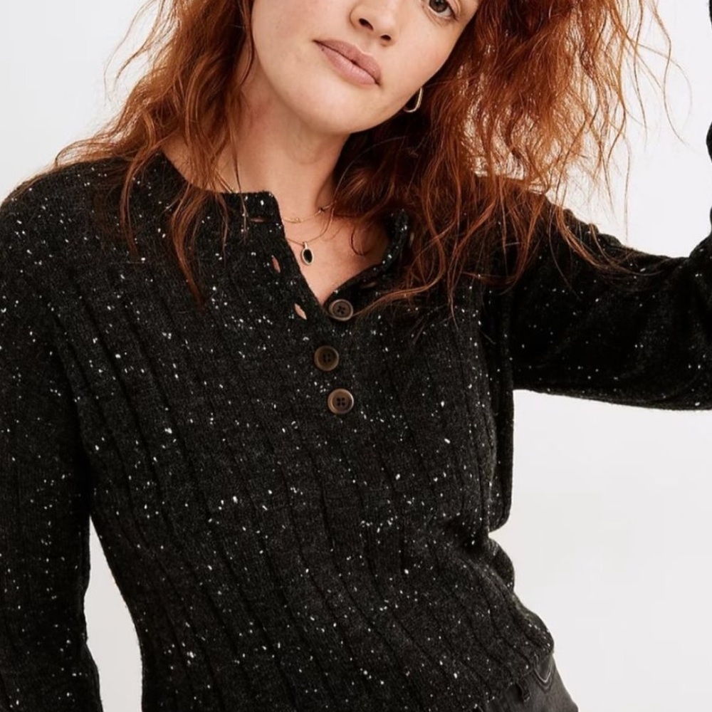 Madewell Donegal Bowden Grey Speckled Henley Button Down Ribbed Sweater